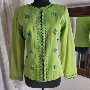 Joni B. Lime Green Jacket Turquoise Beaded Western Boho S/M 6/8